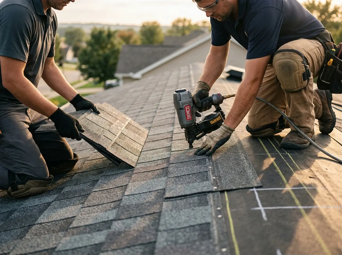 Professional roofer working on a residential roof in Fountainhead-Orchard Hills